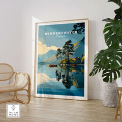 Derwentwater Print – Lake District Sunset Poster displayed in a modern living room with a peaceful landscape.