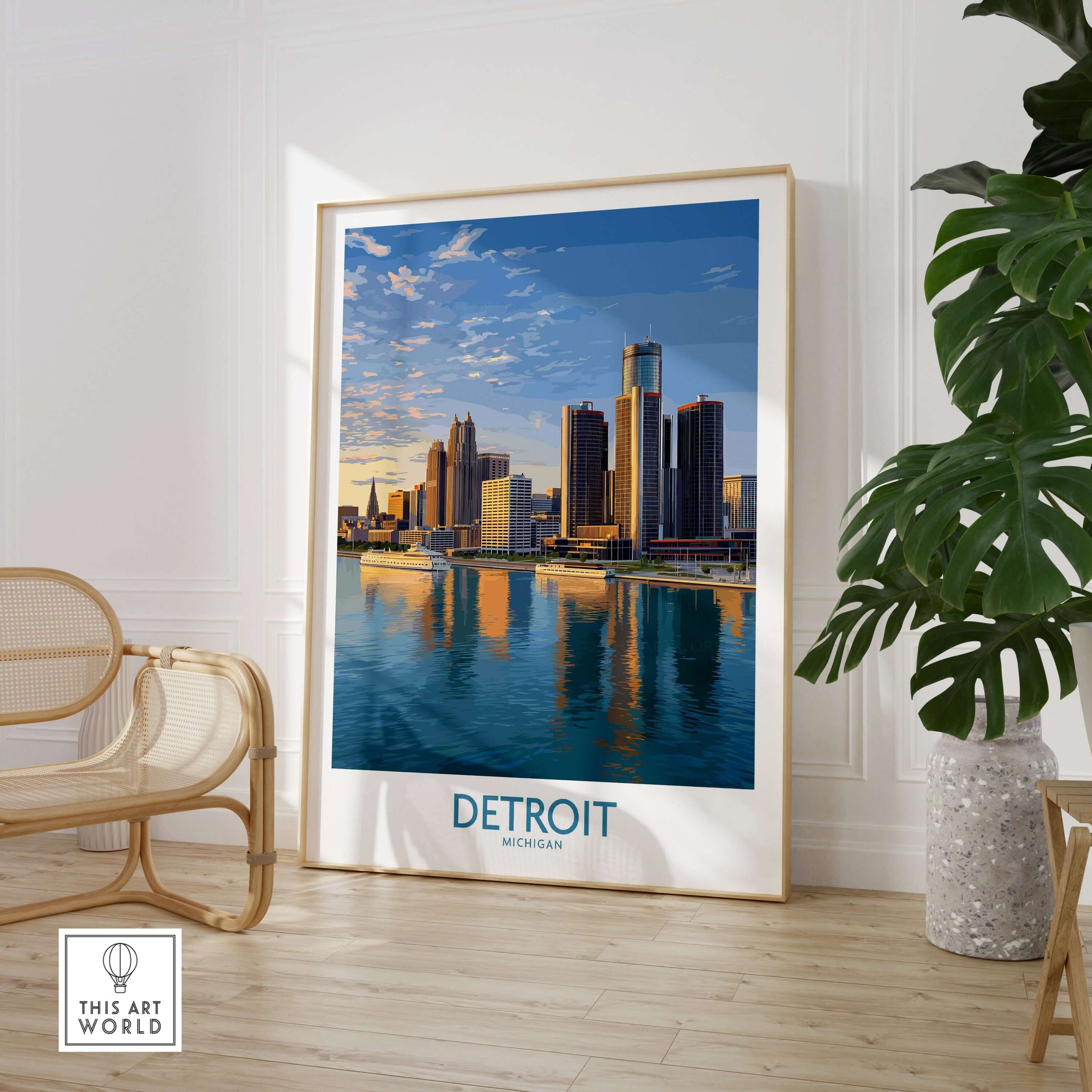 Detroit Michigan City Skyline Art Print | Renaissance Center Poster showcasing Detroit's skyline reflection in water.