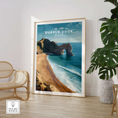Durdle Door Poster – Jurassic Coast Wall Art displayed in a modern living room with coastal view.