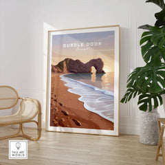 Durdle Door Travel Poster – Jurassic Coast Sunset Art featuring a stunning coastal scene with a stone arch and beach.