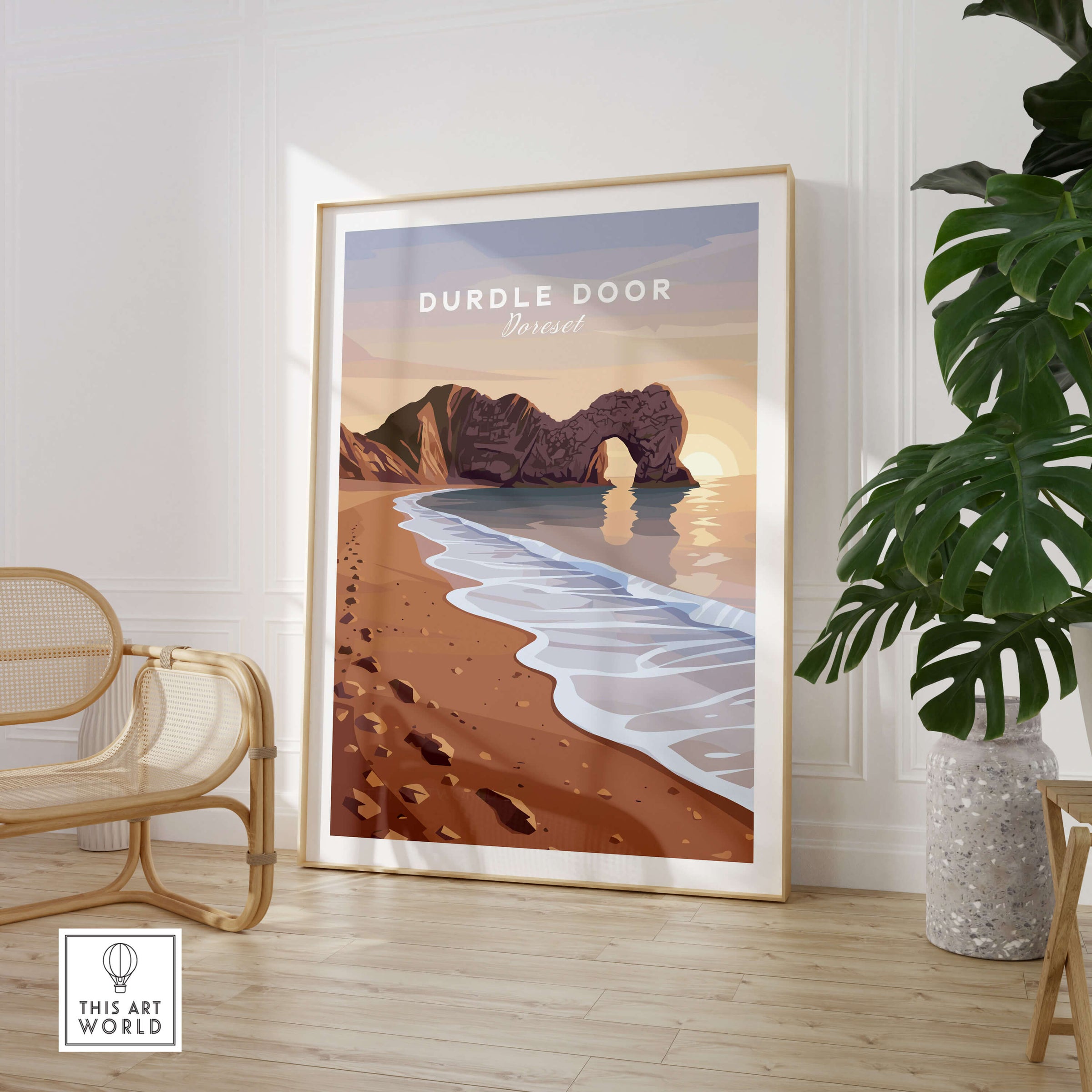 Durdle Door Travel Poster – Jurassic Coast Sunset Art featuring a stunning coastal scene with a stone arch and beach.