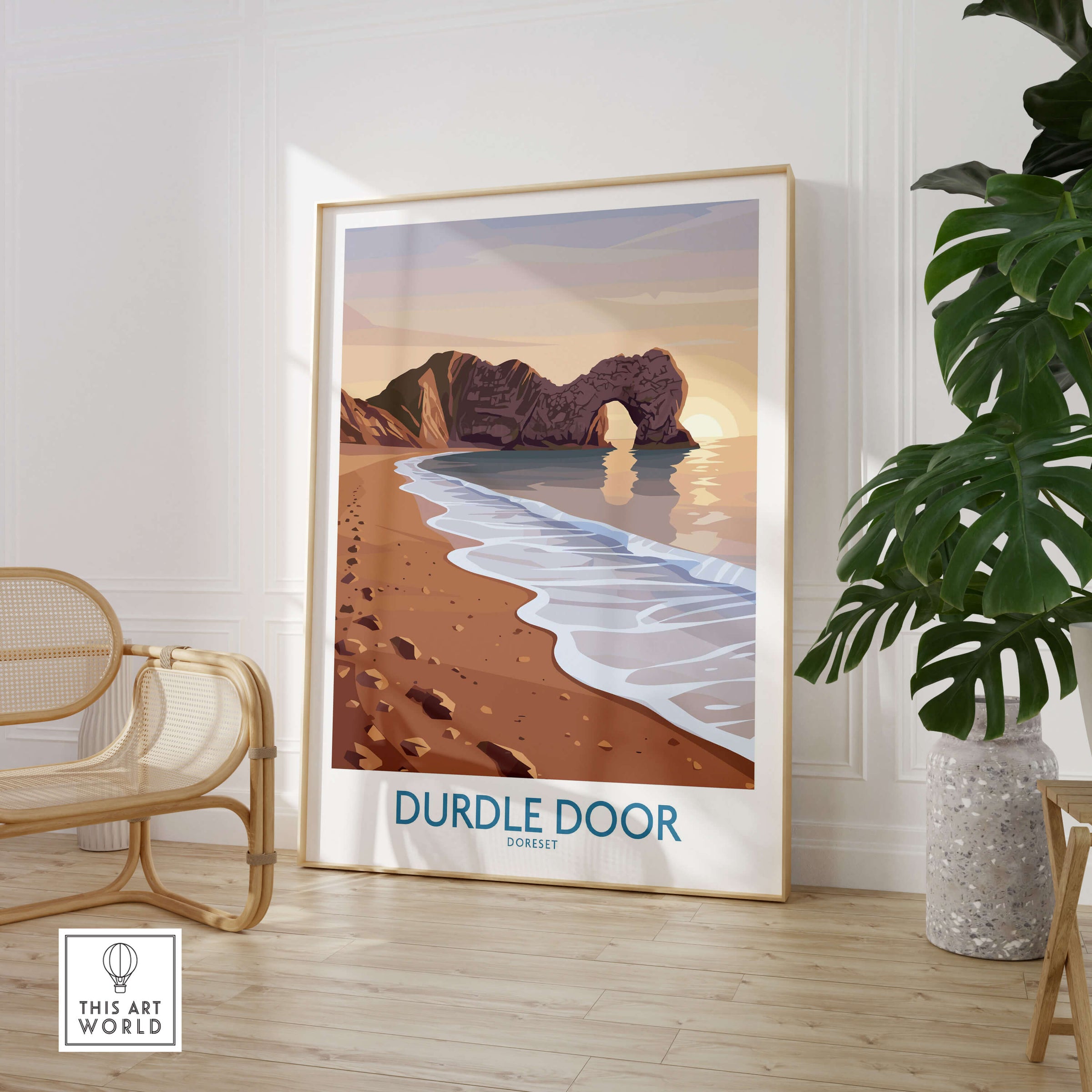 Durdle Door Dorset Wall Art – Canvas Poster displayed in a modern room with a beach scene and vibrant colors.