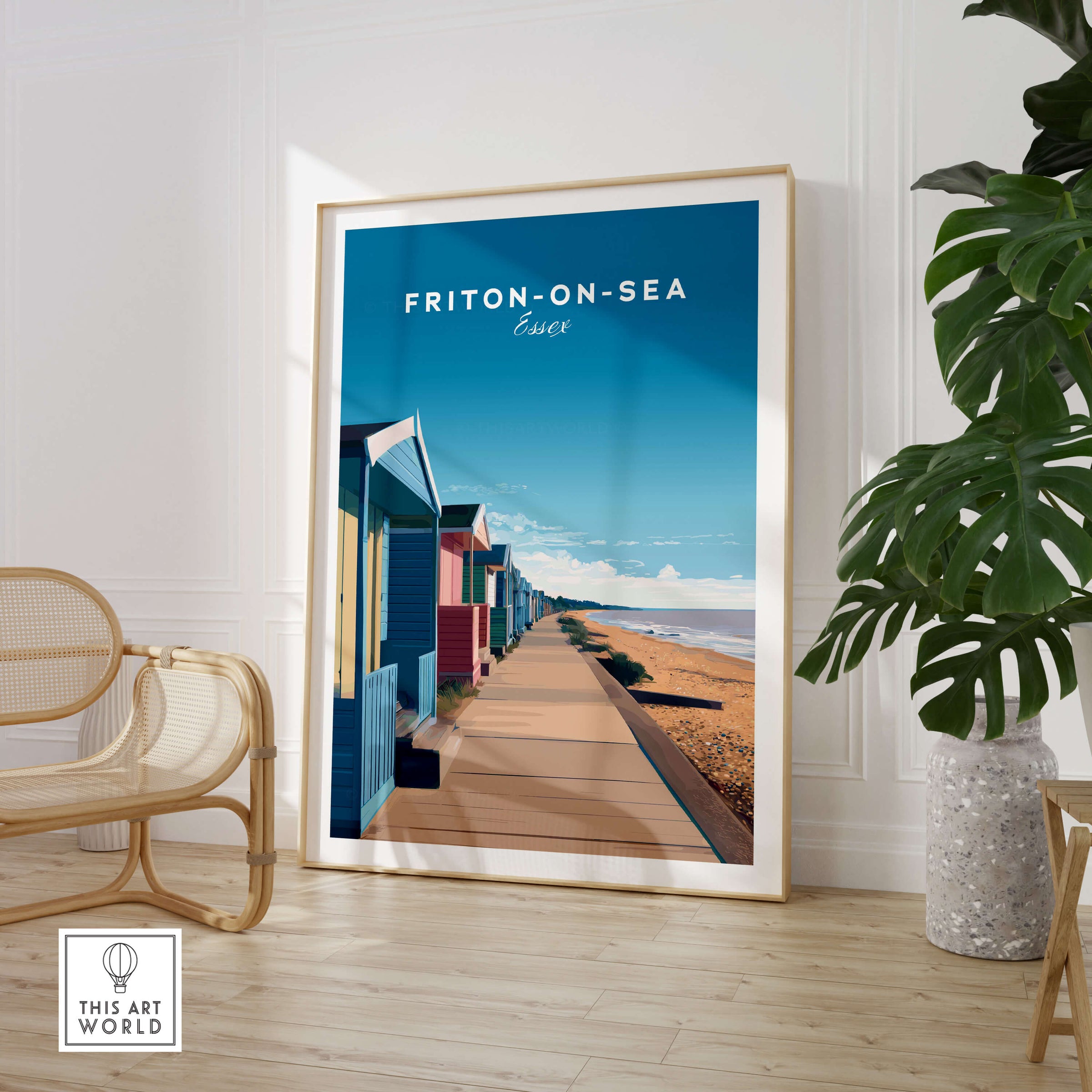 Frinton-on-Sea Travel Poster – Essex Coastline Beach Huts & Prom Art displayed in a stylish interior setting.