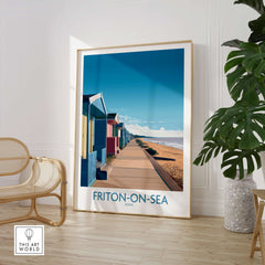 Frinton-on-Sea England Wall Art – Colorful Seaside Beach Hut Decor Print displayed in a modern room setting.