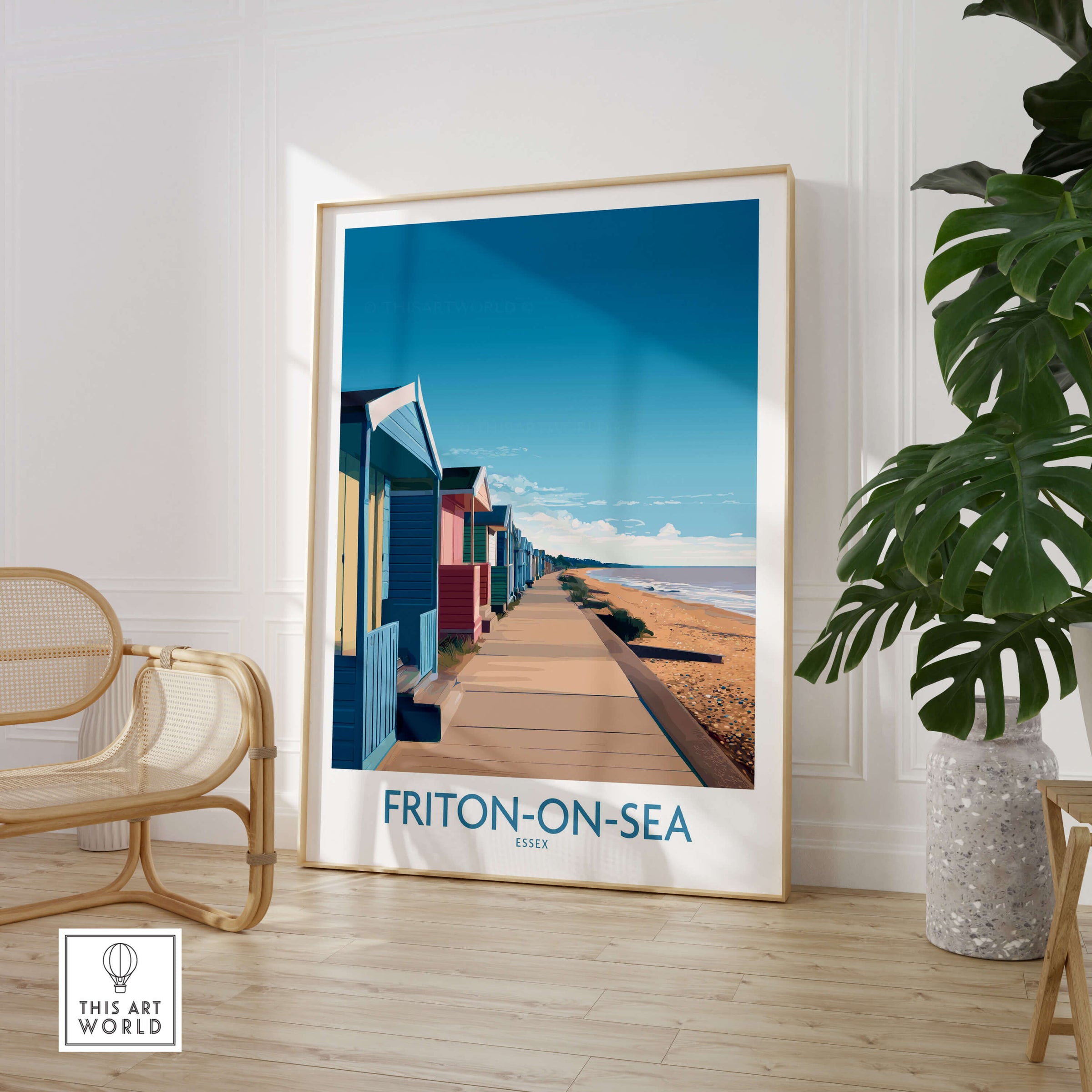 Frinton-on-Sea England Wall Art – Colorful Seaside Beach Hut Decor Print displayed in a modern room setting.