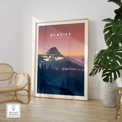 Glacier National Park travel poster framed in modern living room with chair and potted plant