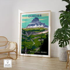 Glacier National Park print in modern room with chair and potted plant, travel wall art