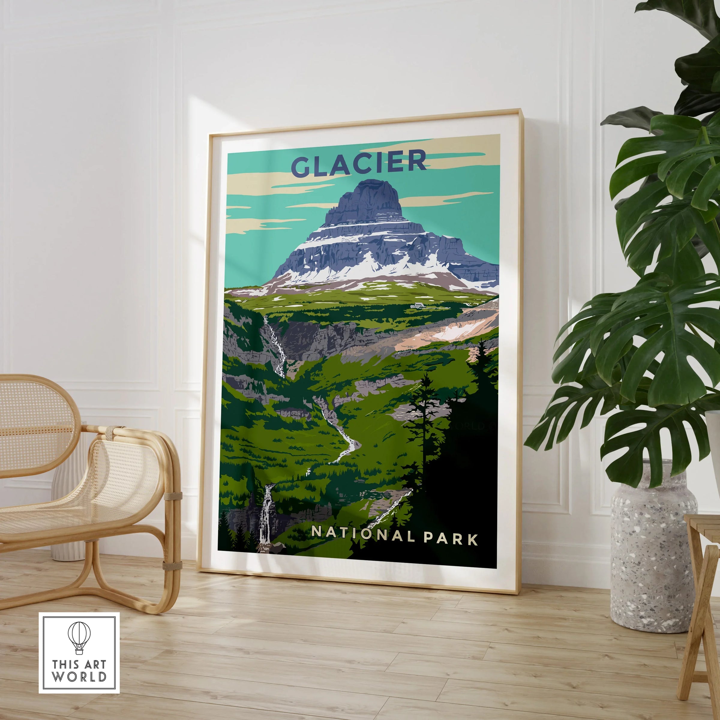 Glacier National Park print in modern room with chair and potted plant, travel wall art