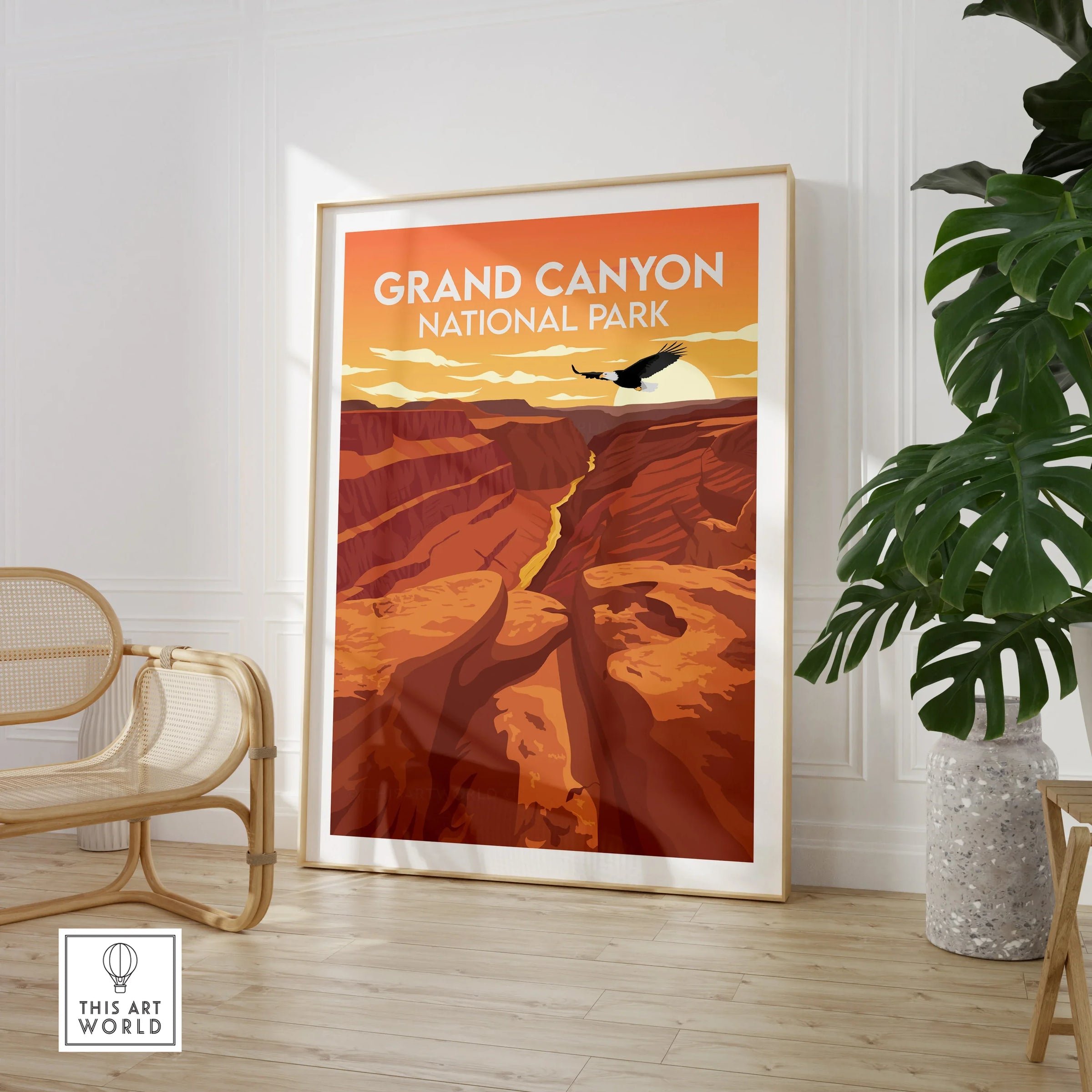 Framed Grand Canyon National Park travel poster in modern room with chair and plant