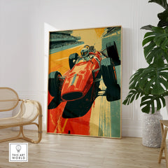 Vintage race car wall art print in modern room with chair and green plant