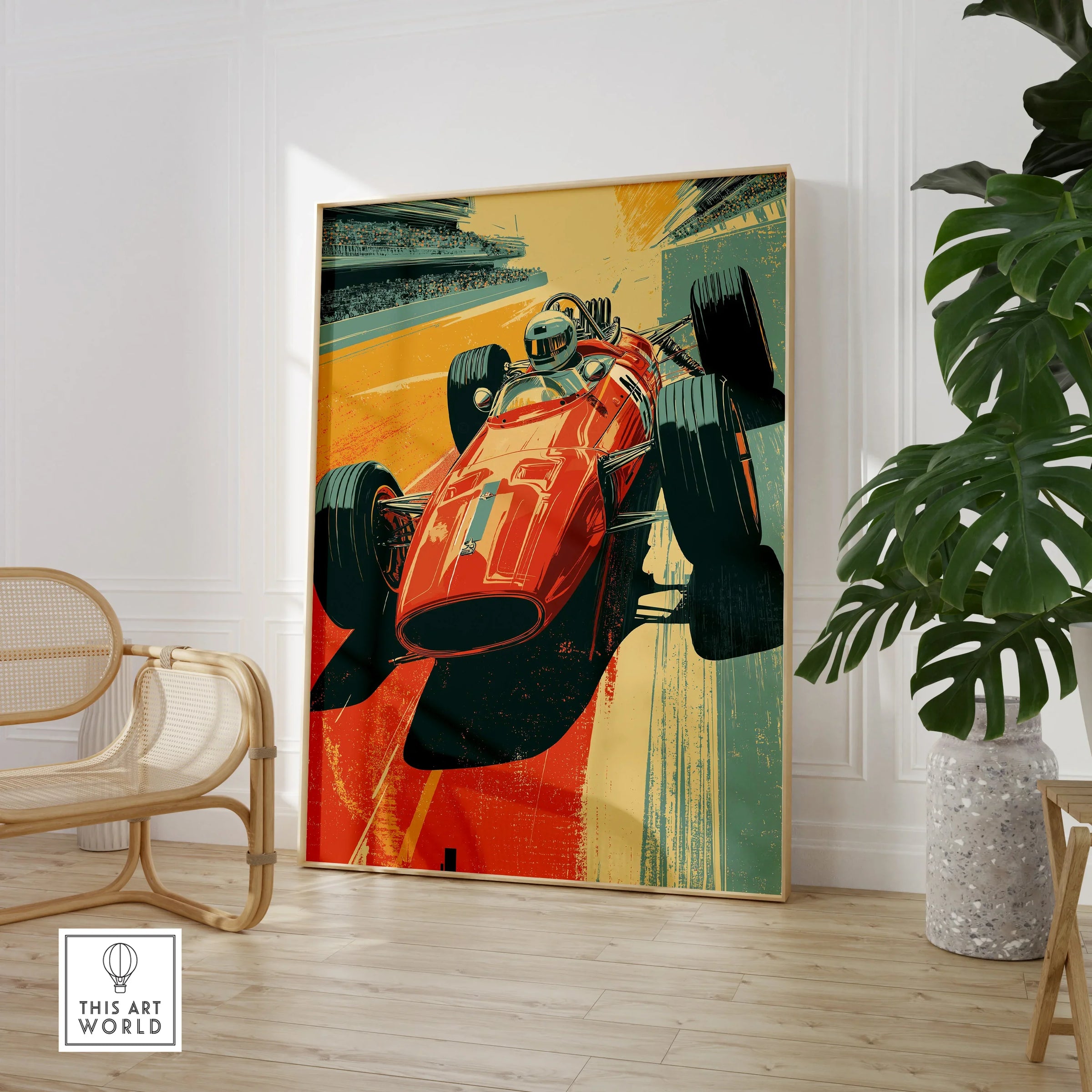 Vintage race car wall art print in modern room with chair and green plant
