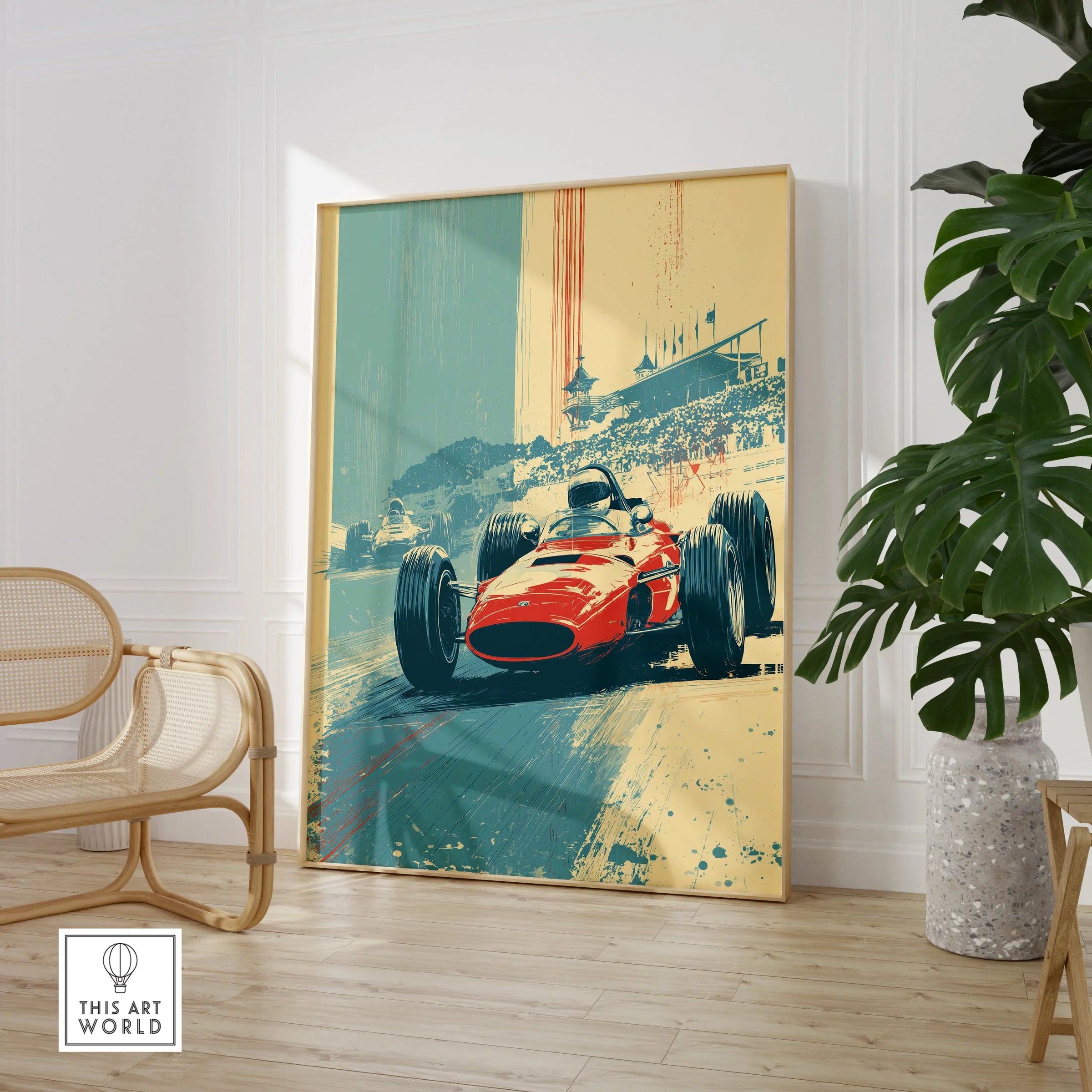 Framed vintage race car wall art in modern room with chair and potted plant
