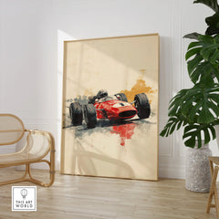 Large framed racing car art print in modern room with chair and green plant