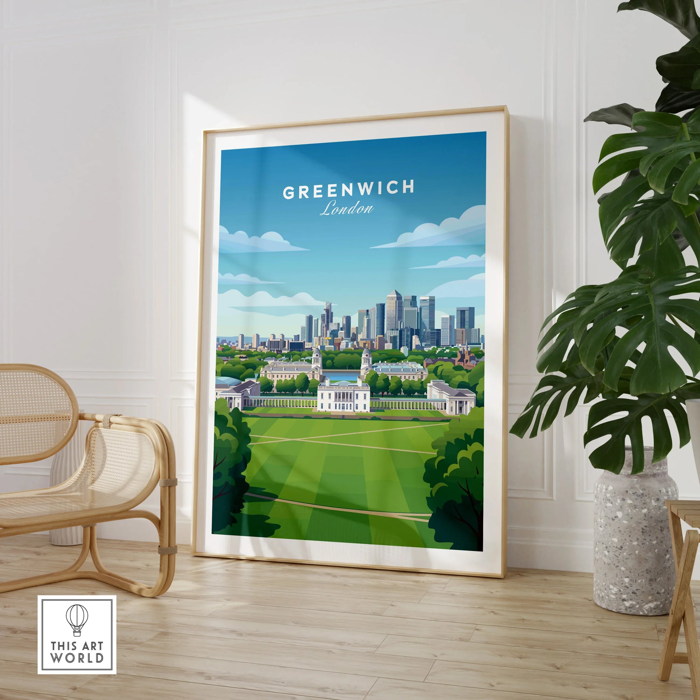 Greenwich London travel poster print in modern living room with chair and potted plant