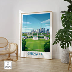 Greenwich London skyline art print in modern room with rattan chair and leafy plant