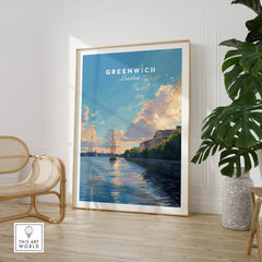 Greenwich London travel poster framed print in modern room with chair and plant