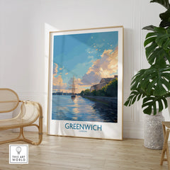 Greenwich London travel poster framed, in modern room with chair and green plant