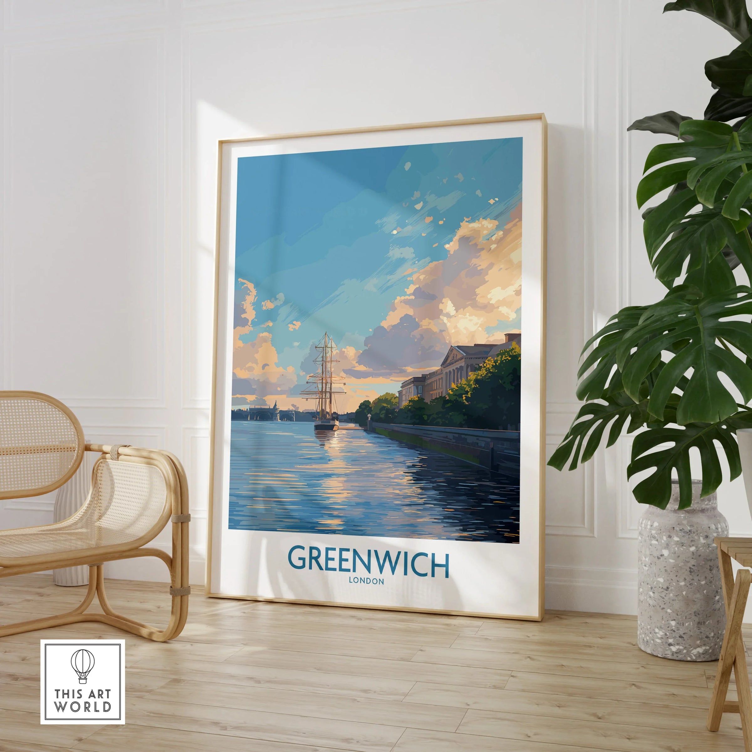 Greenwich London travel poster framed, in modern room with chair and green plant