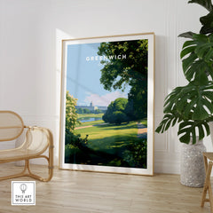 Greenwich London art print in modern room with chair and potted plant, wall decor
