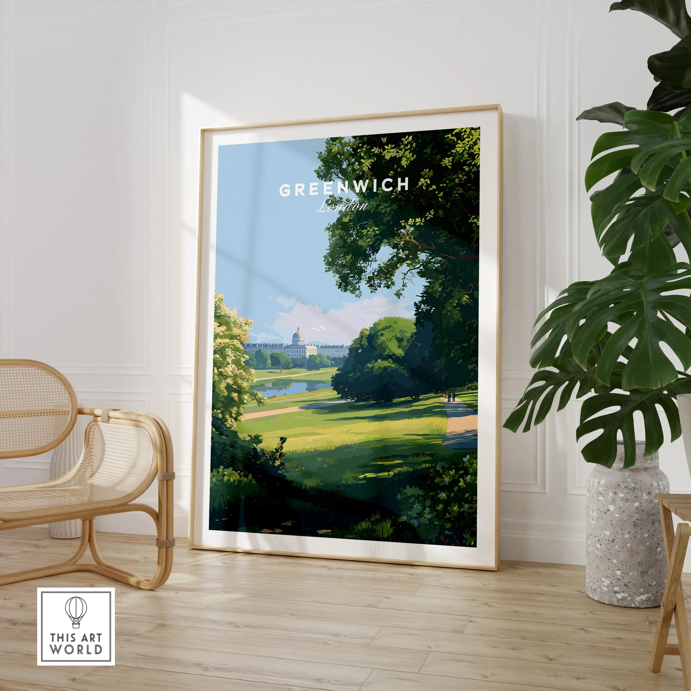 Greenwich London art print in modern room with chair and potted plant, wall decor