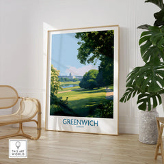 Greenwich London travel poster framed, in bright room with chair and large potted plant