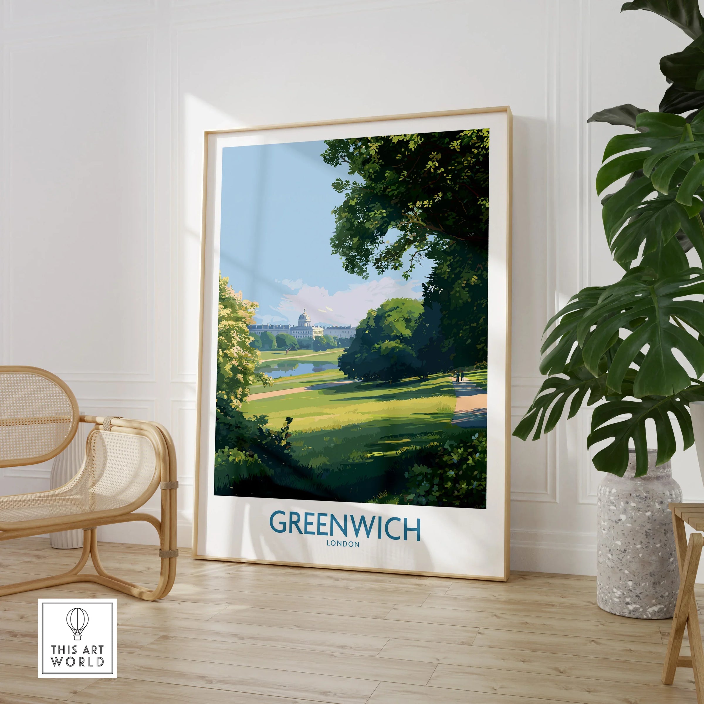Greenwich London travel poster framed, in bright room with chair and large potted plant