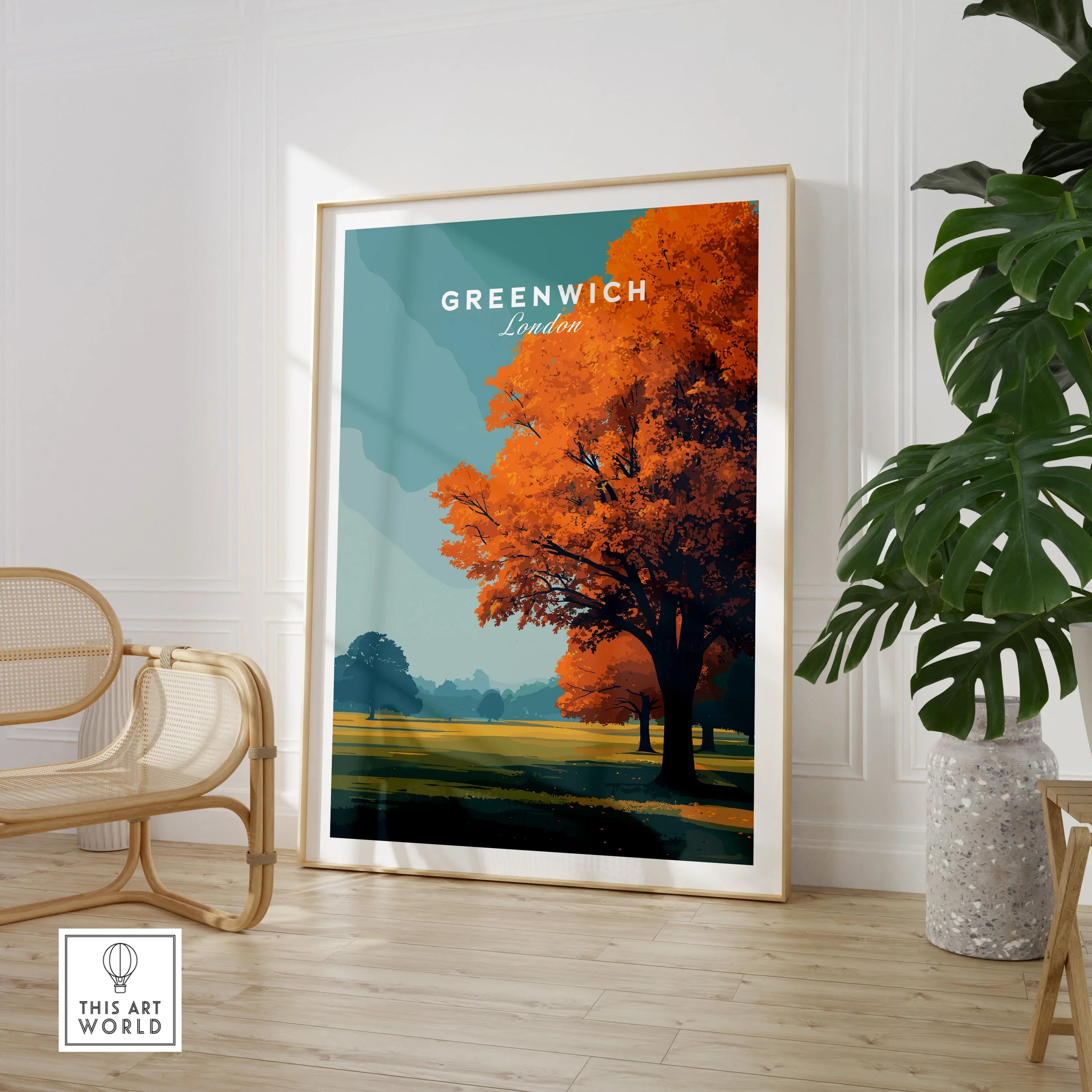 Framed Greenwich London travel poster with orange tree, styled in modern living room decor