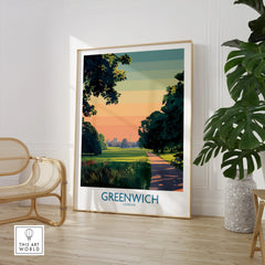 Greenwich London travel poster framed on wall, modern room with chair and potted plant