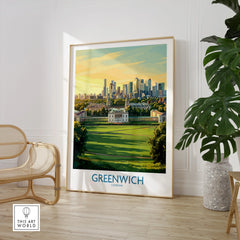 Greenwich London travel poster print in a modern room with a chair and potted plant