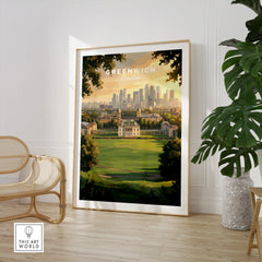 Greenwich London travel poster framed, displayed in modern living room with chair and plant