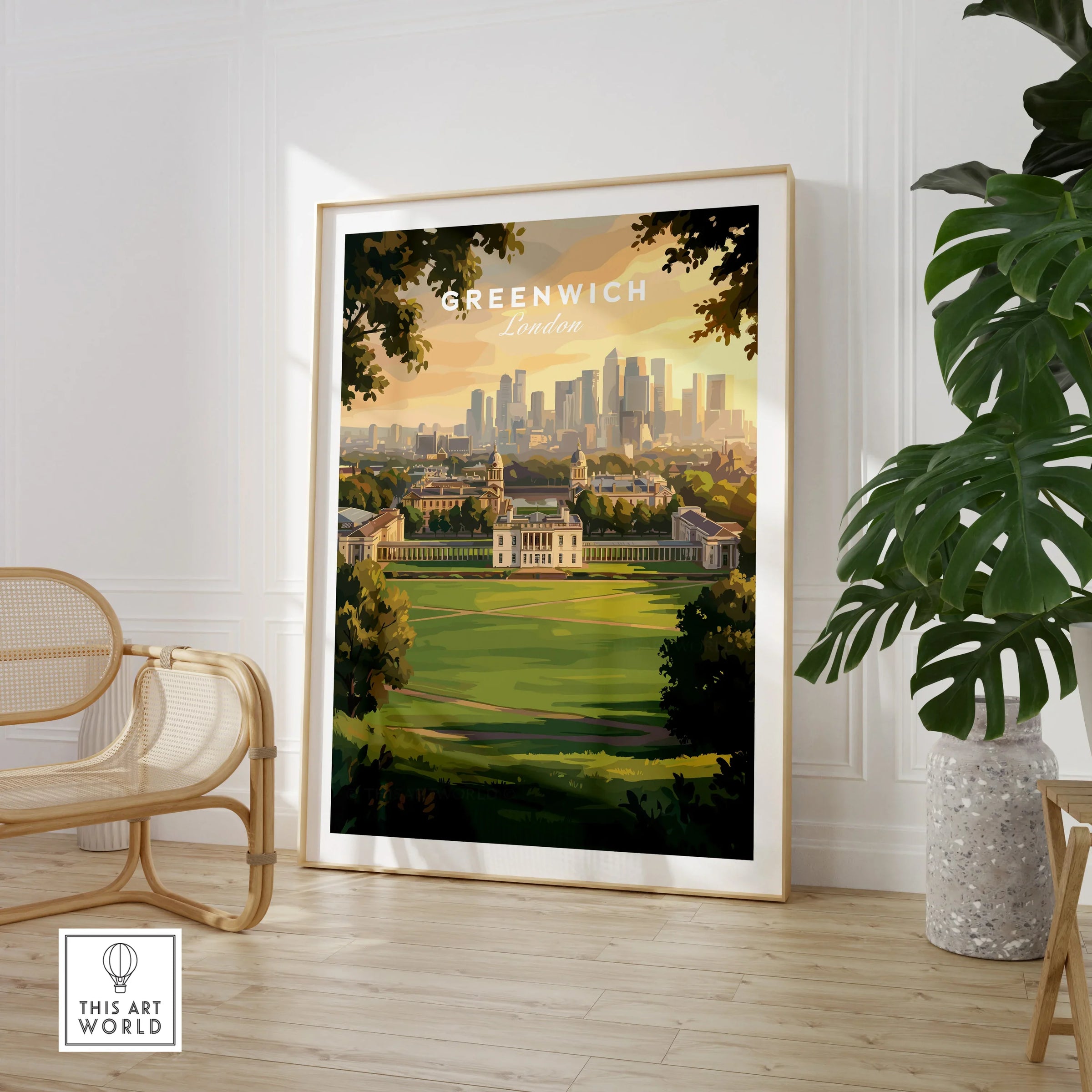 Greenwich London travel poster framed, displayed in modern living room with chair and plant