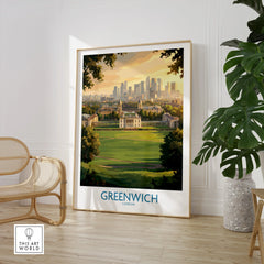 Greenwich London travel poster framed, displayed in a modern room with chair and plant