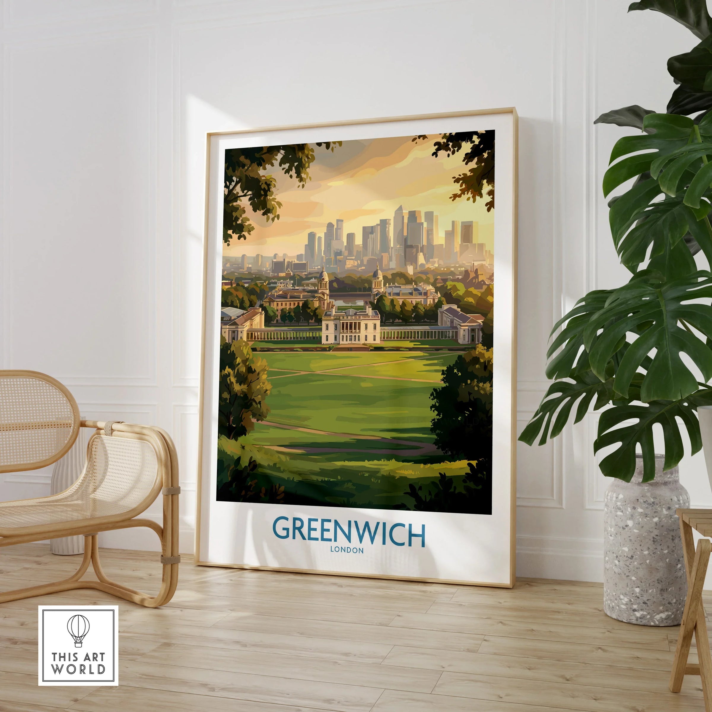 Greenwich London travel poster framed, displayed in a modern room with chair and plant