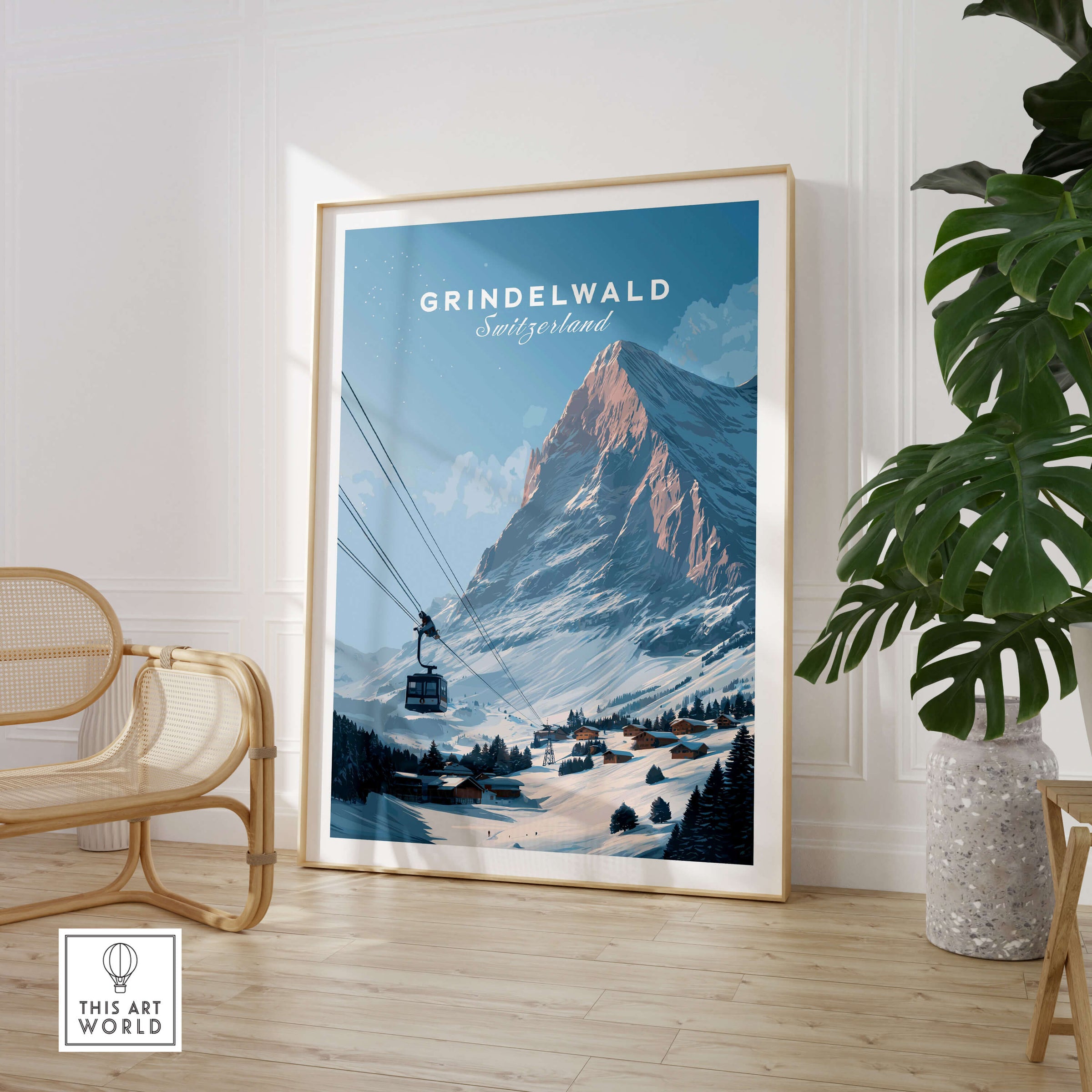 Grindelwald Switzerland Wall Art Print | Alpine Cable Car Travel Posters in a modern interior setting.
