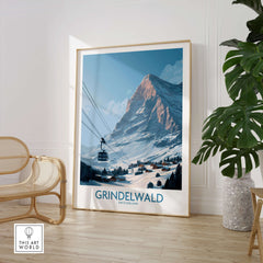 Grindelwald Switzerland Poster | Snowy Alps Mountain Scene Canvas Print in a modern interior setting.