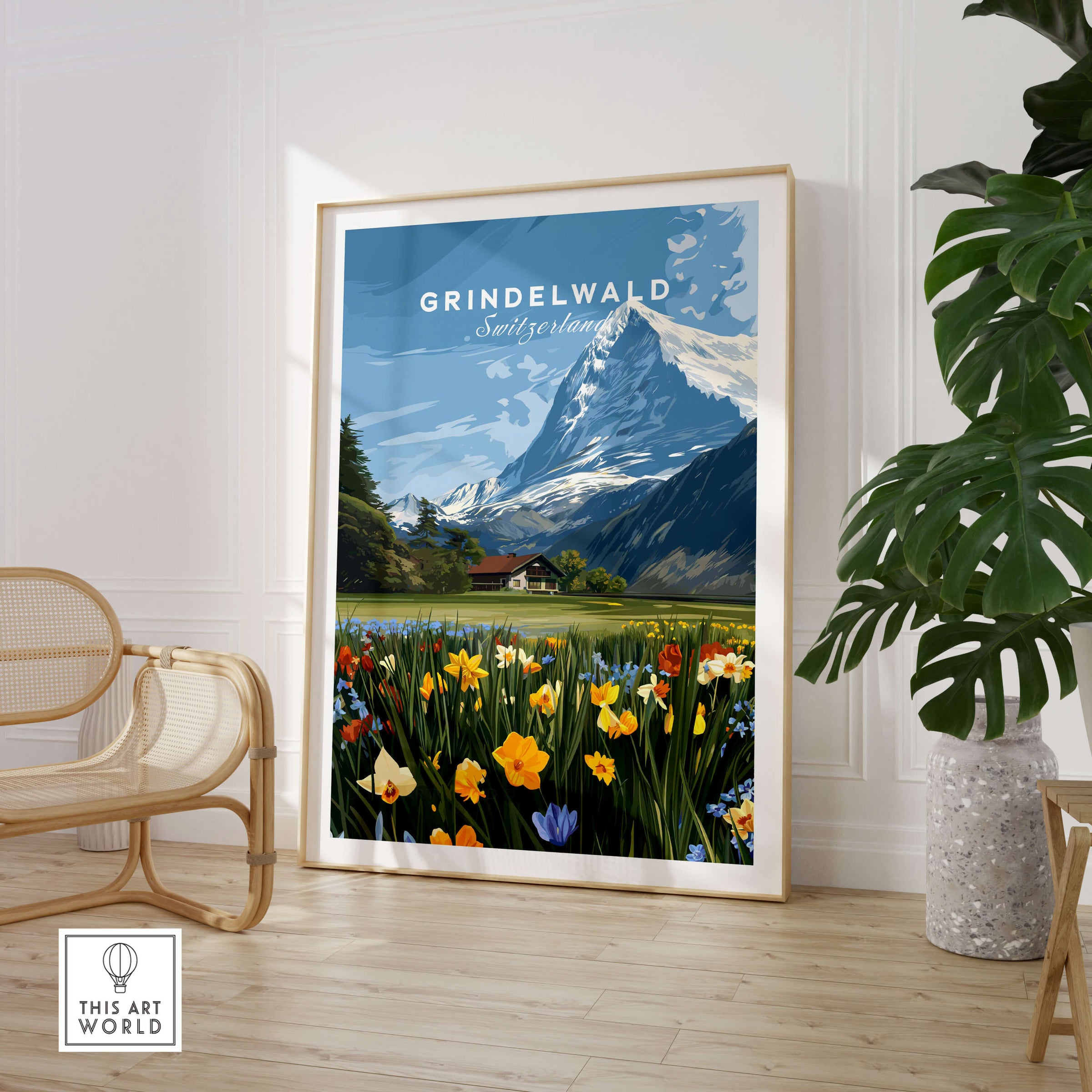 Grindelwald Switzerland Travel Poster | Alpine Wildflower Meadow Wall Art Print featuring vibrant flowers and mountains.