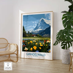Grindelwald Switzerland Canvas Print | Scenic Swiss Village Landscape Poster displayed in a modern interior setting.