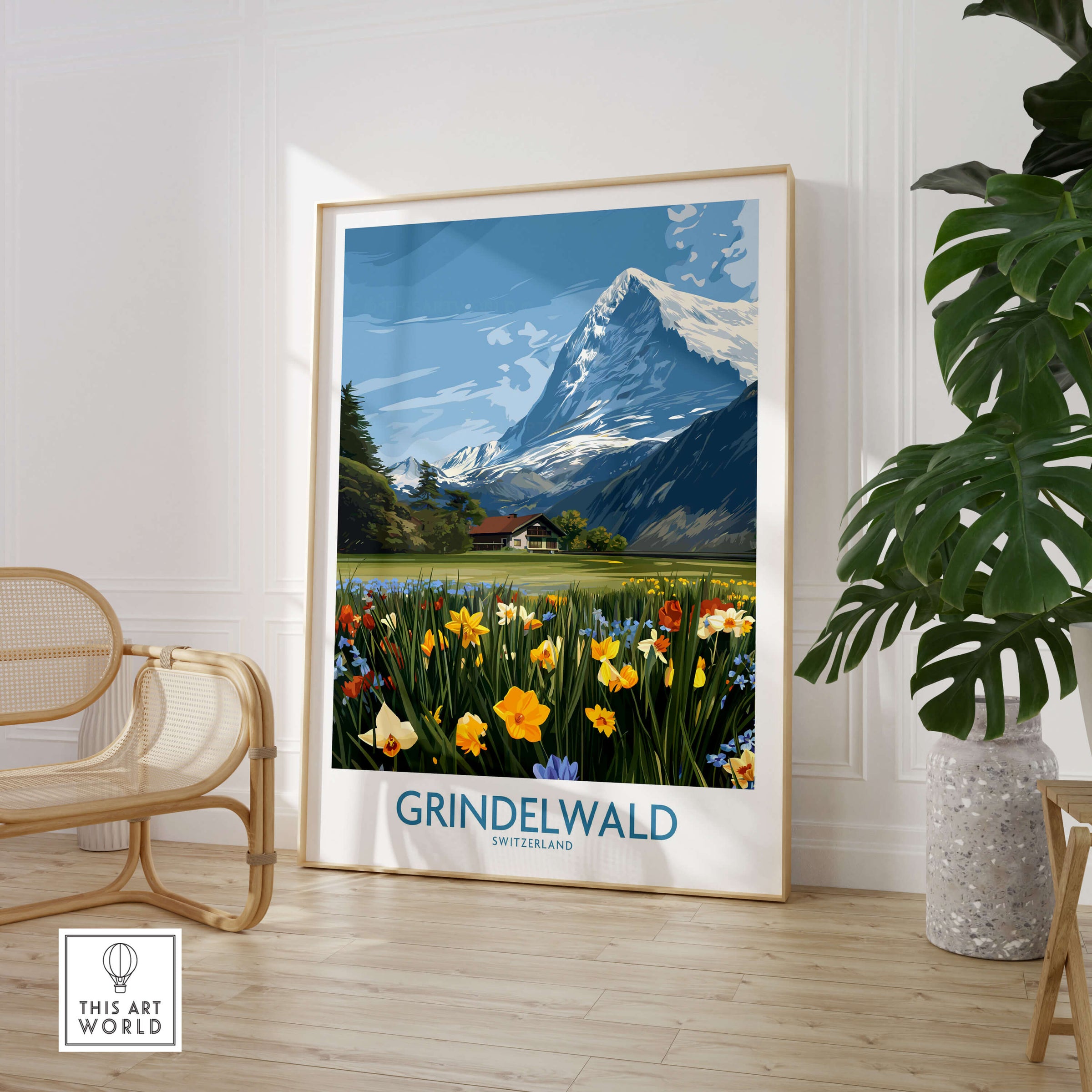 Grindelwald Switzerland Canvas Print | Scenic Swiss Village Landscape Poster displayed in a modern interior setting.