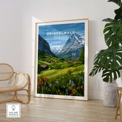 Grindelwald Switzerland Wall Art Print | Summer Alps Nature Travel Posters featuring vibrant alpine scenery and colorful wildflowers.