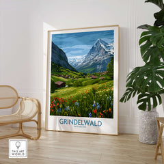 Grindelwald Switzerland Posters | Lush Green Mountain Valley Canvas Print featuring a vibrant alpine landscape.