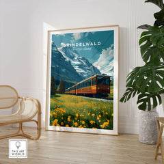 Grindelwald Switzerland Travel Poster | Iconic Mountain Railway Wall Art Print with scenic train and mountains