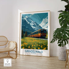 Grindelwald Switzerland Canvas Print | Swiss Alps Train Railway Scene Poster featuring a scenic train and majestic mountains.