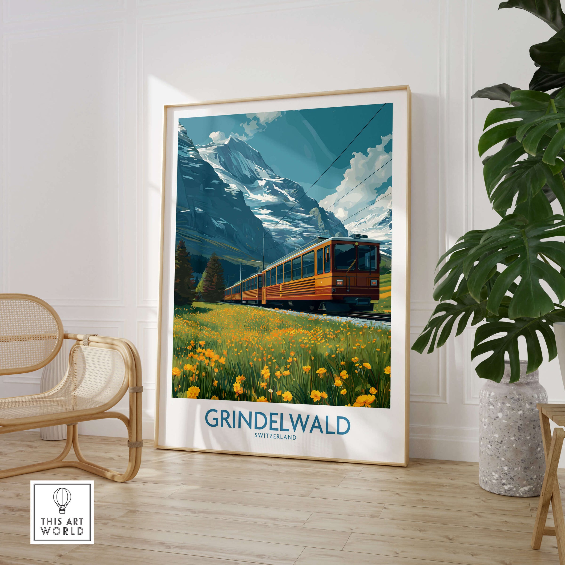 Grindelwald Switzerland Canvas Print | Swiss Alps Train Railway Scene Poster featuring a scenic train and majestic mountains.