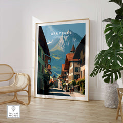 Gruyères Switzerland Wall Art Print | Medieval Village Street Travel Poster in a stylish interior setting.