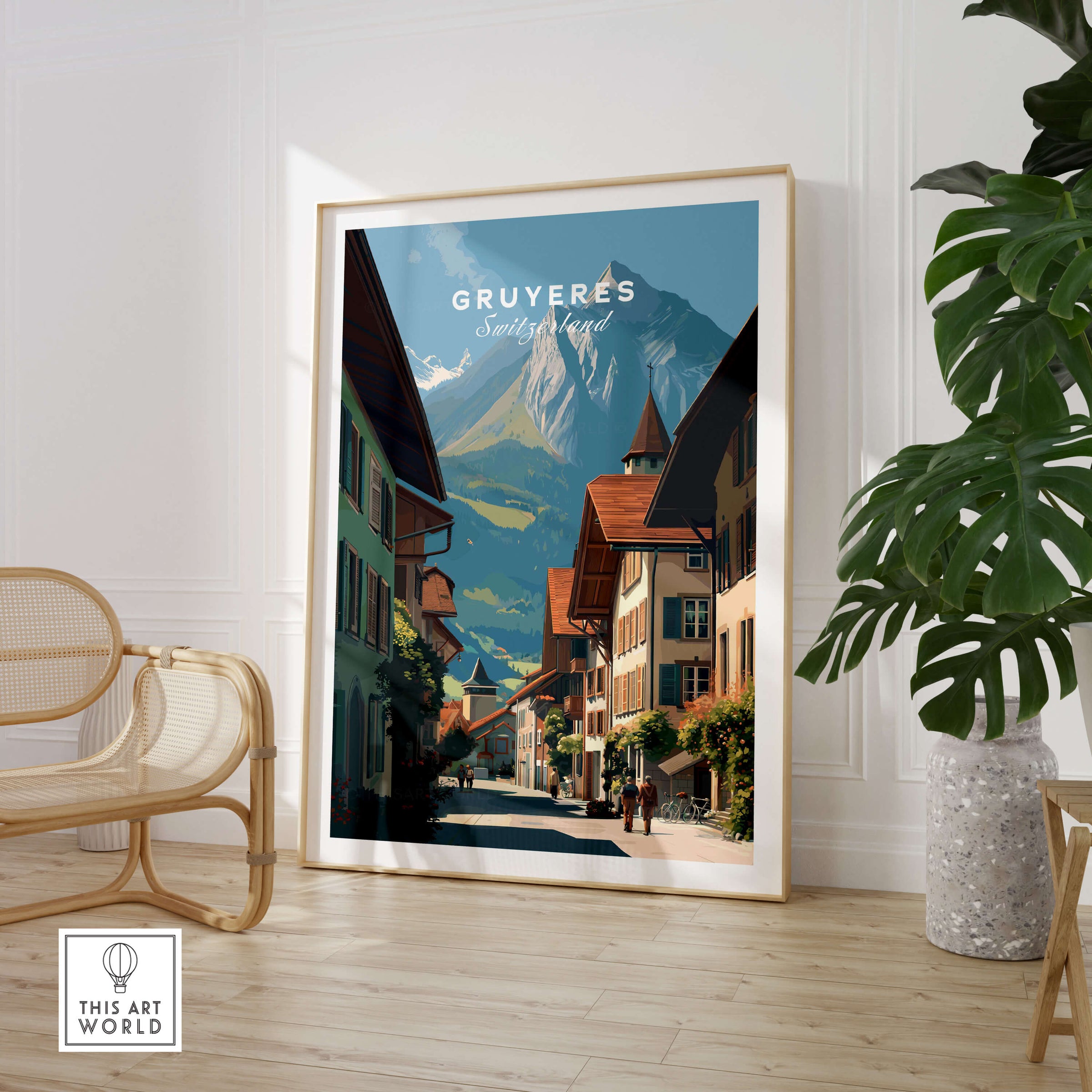 Gruyères Switzerland Wall Art Print | Medieval Village Street Travel Poster in a stylish interior setting.