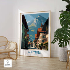 Gruyères Switzerland Poster | Historic European Town Architecture Canvas Print displayed in a stylish interior.