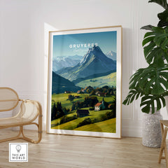Gruyères Switzerland Travel Poster | Mountain Landscape Wall Art Print showcasing stunning alpine vistas.