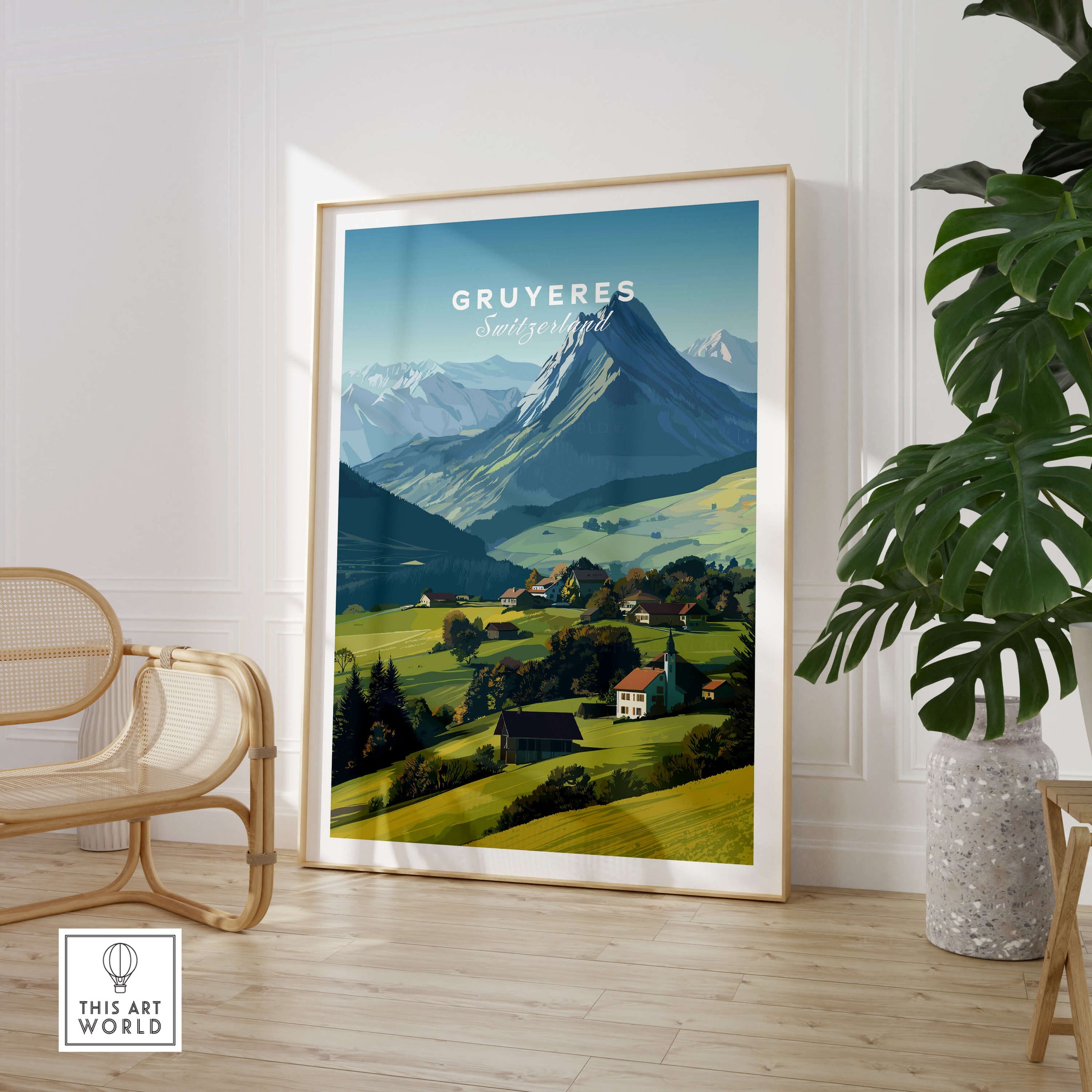 Gruyères Switzerland Travel Poster | Mountain Landscape Wall Art Print showcasing stunning alpine vistas.