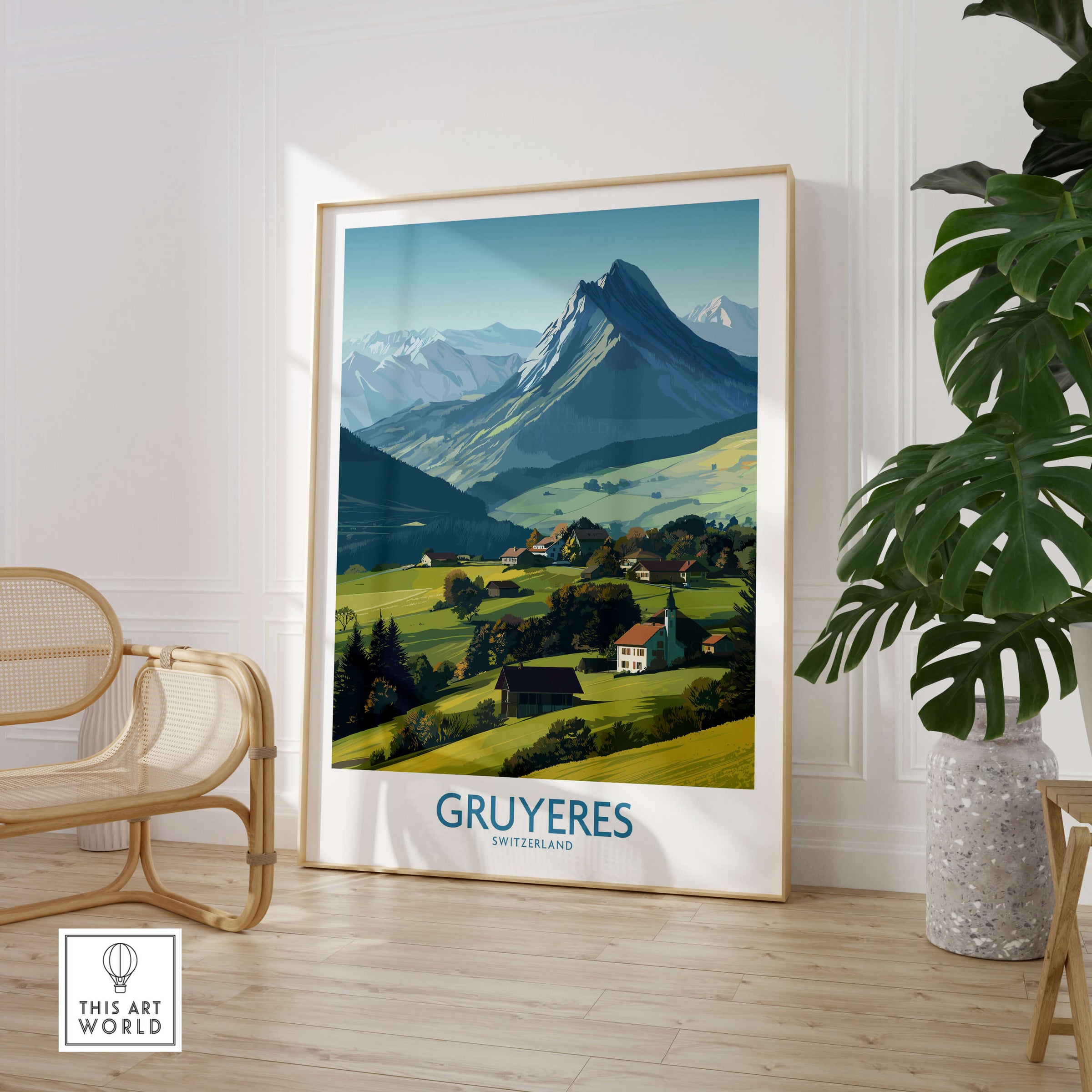 Gruyères Switzerland Canvas Print | Charming Swiss Countryside Scenery Poster in a modern interior setting.