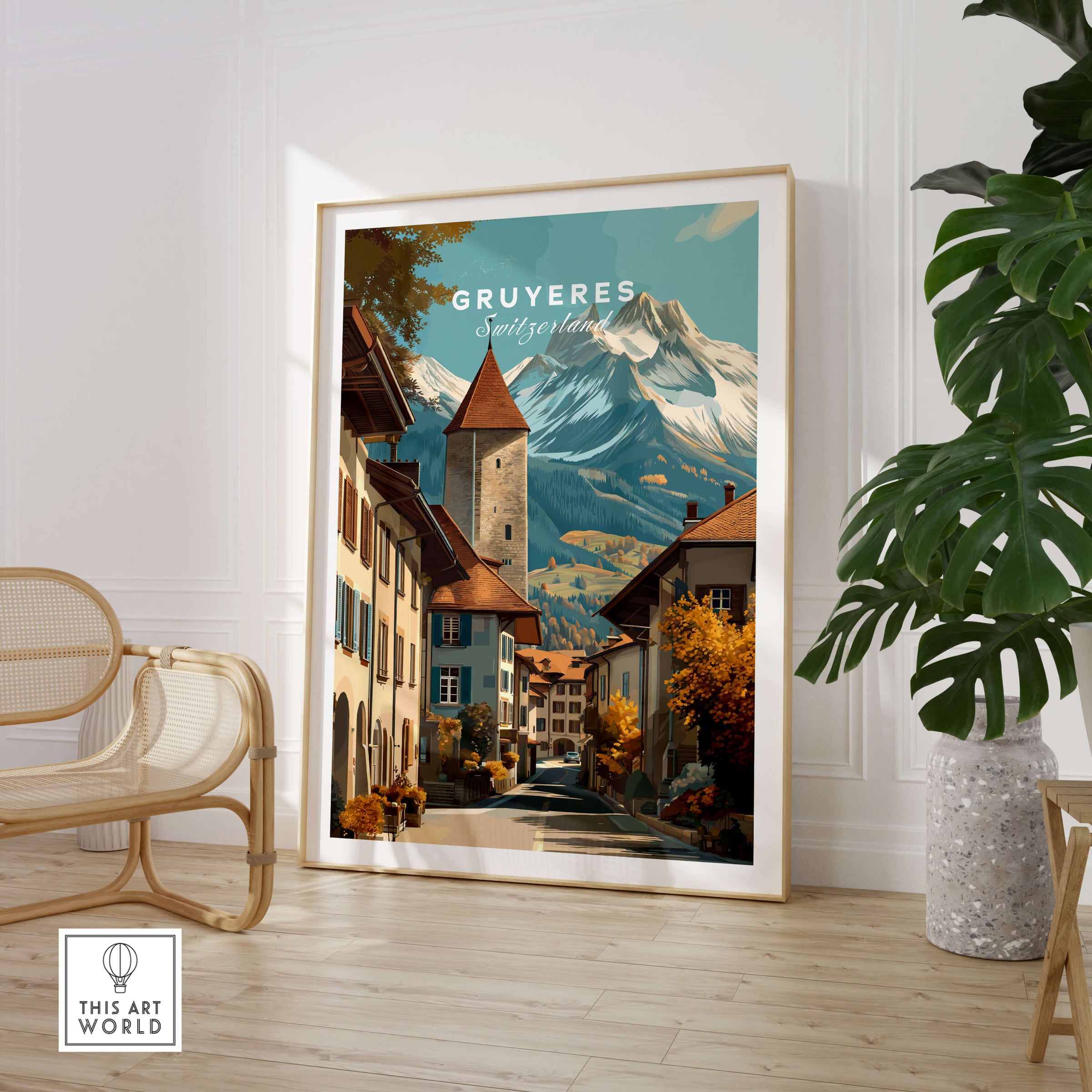Gruyères Switzerland Wall Art Print | Swiss Travel Poster featuring a picturesque village and mountains.